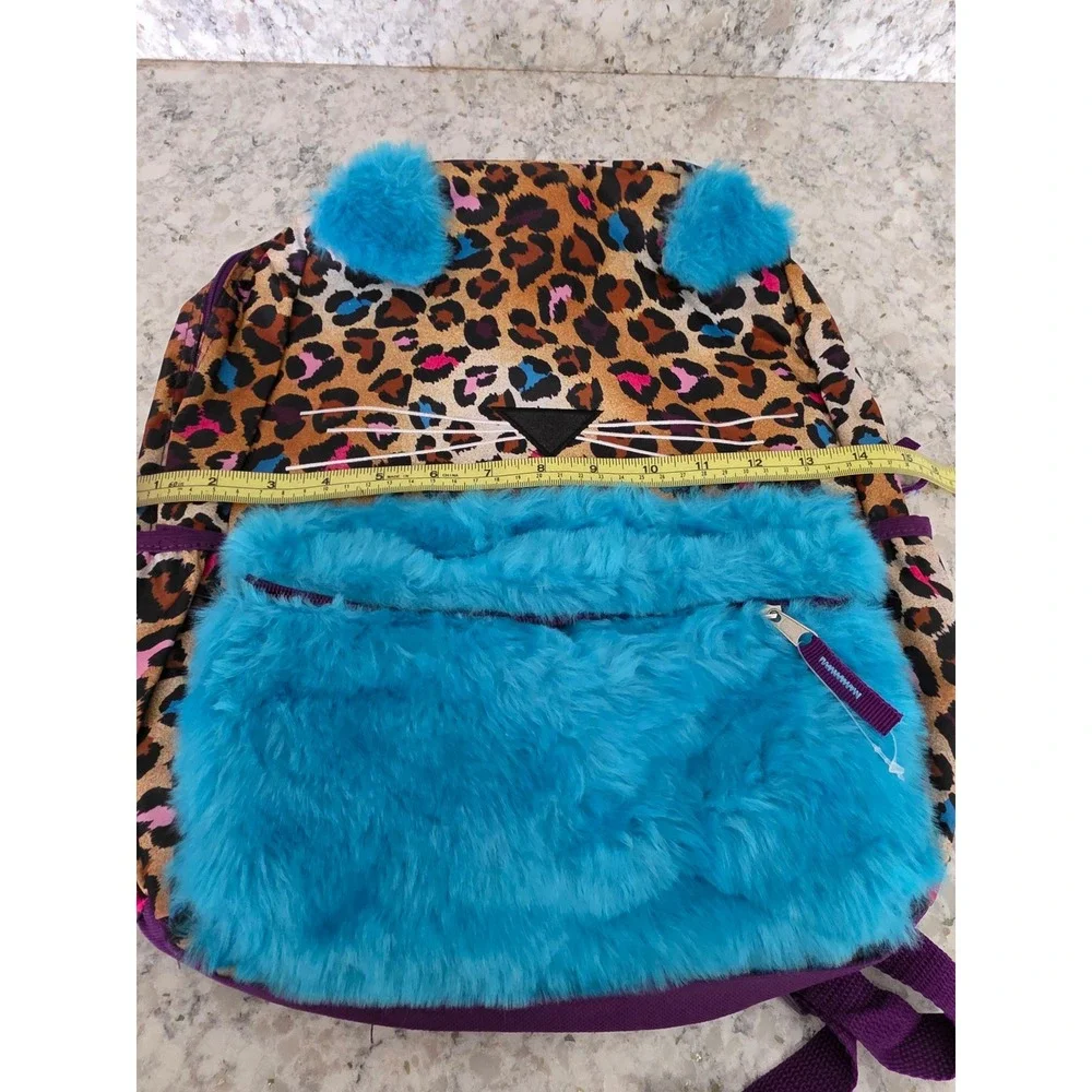 Girls Leopard Print Cat Backpack Teal Faux Fur Ears You're Purrfect 16